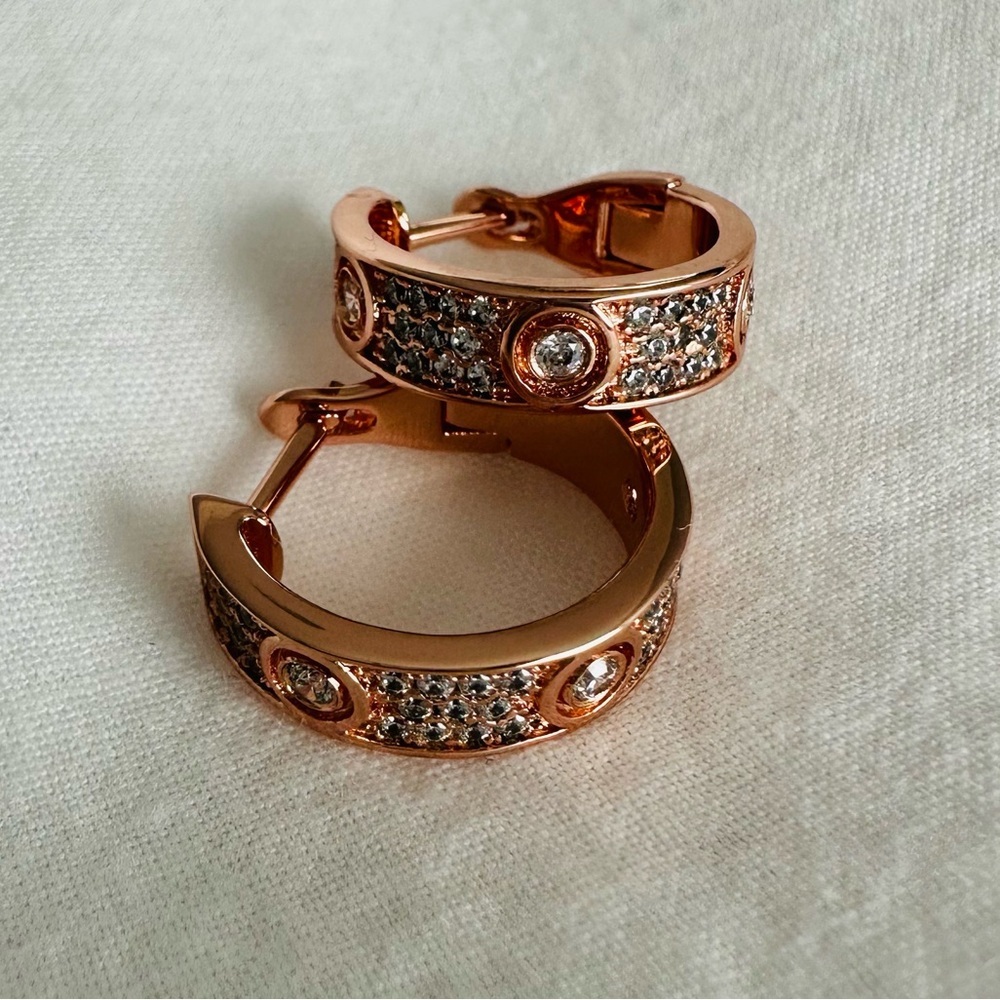 Love Earrings Sterling Silver 925 Simulated Diamond Pave 18k Rose Gold Overlay - Picture 9 of 11
